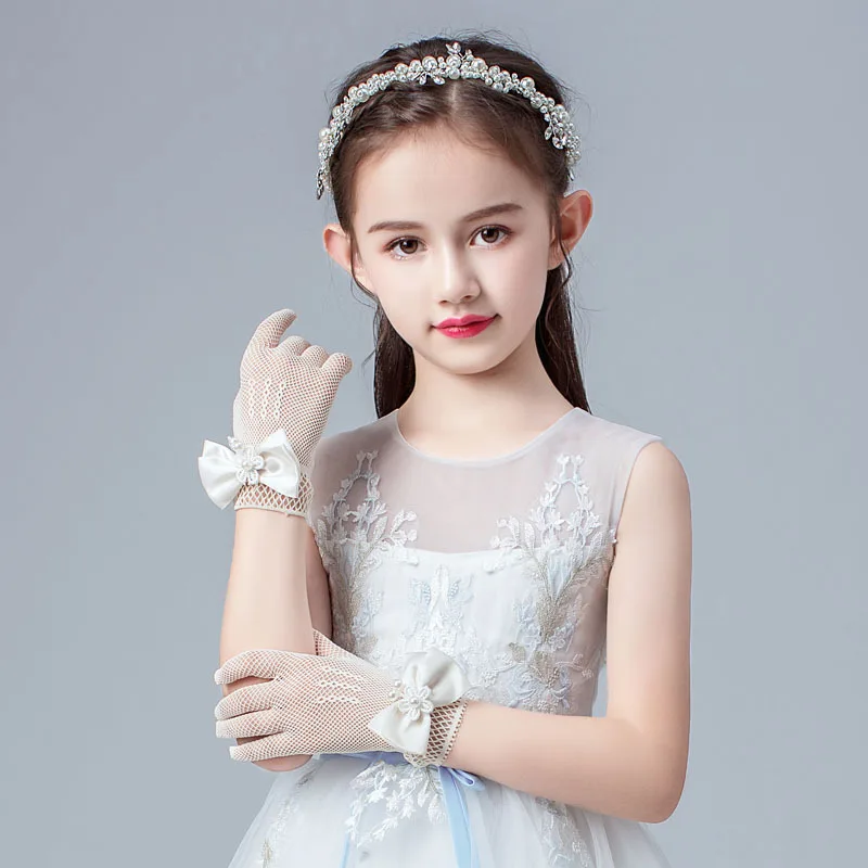 Fashion Princess Wedding Gloves for Girls Mesh Evening Children's Holiday Accessories with a Birthday Bow Performance Gloves for images - 6