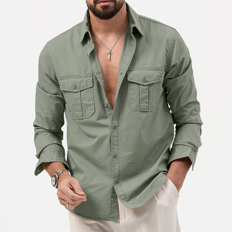 2024 summer Europe and the United States vintage cargo men's advanced multi-pocket solid color leisure sports long-sleeved shirt