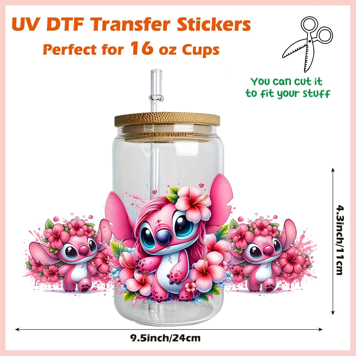 Valentine Cute Stitch Series Easy peel waterproof DIY Decals 3D transfers uvdtf stickers 16oz uv dtf tumbler cup wraps sticker