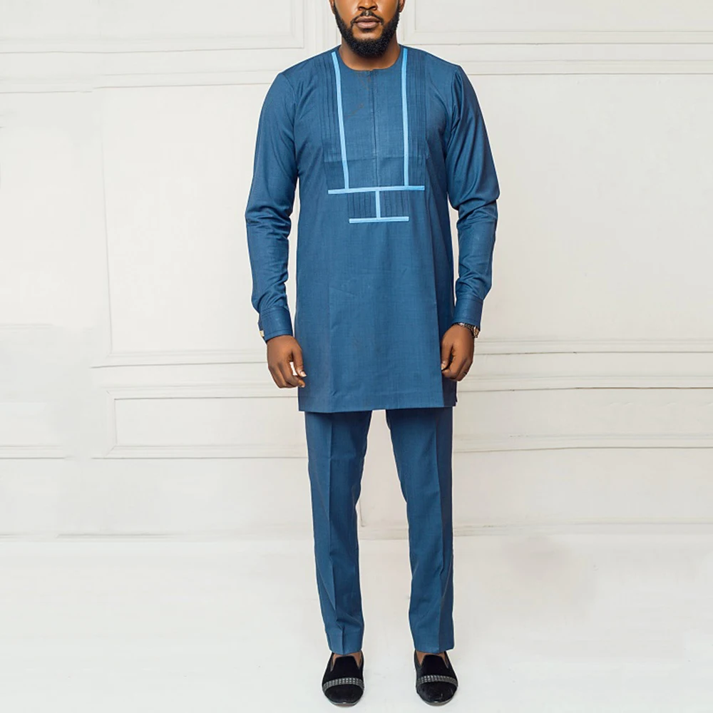 

Summer Dashiki African Men's Clothing Casual Blue Patchwork Zipper elegant 2 Pieces Suit Long Sleeve Shirt Trousers Men Suit Set