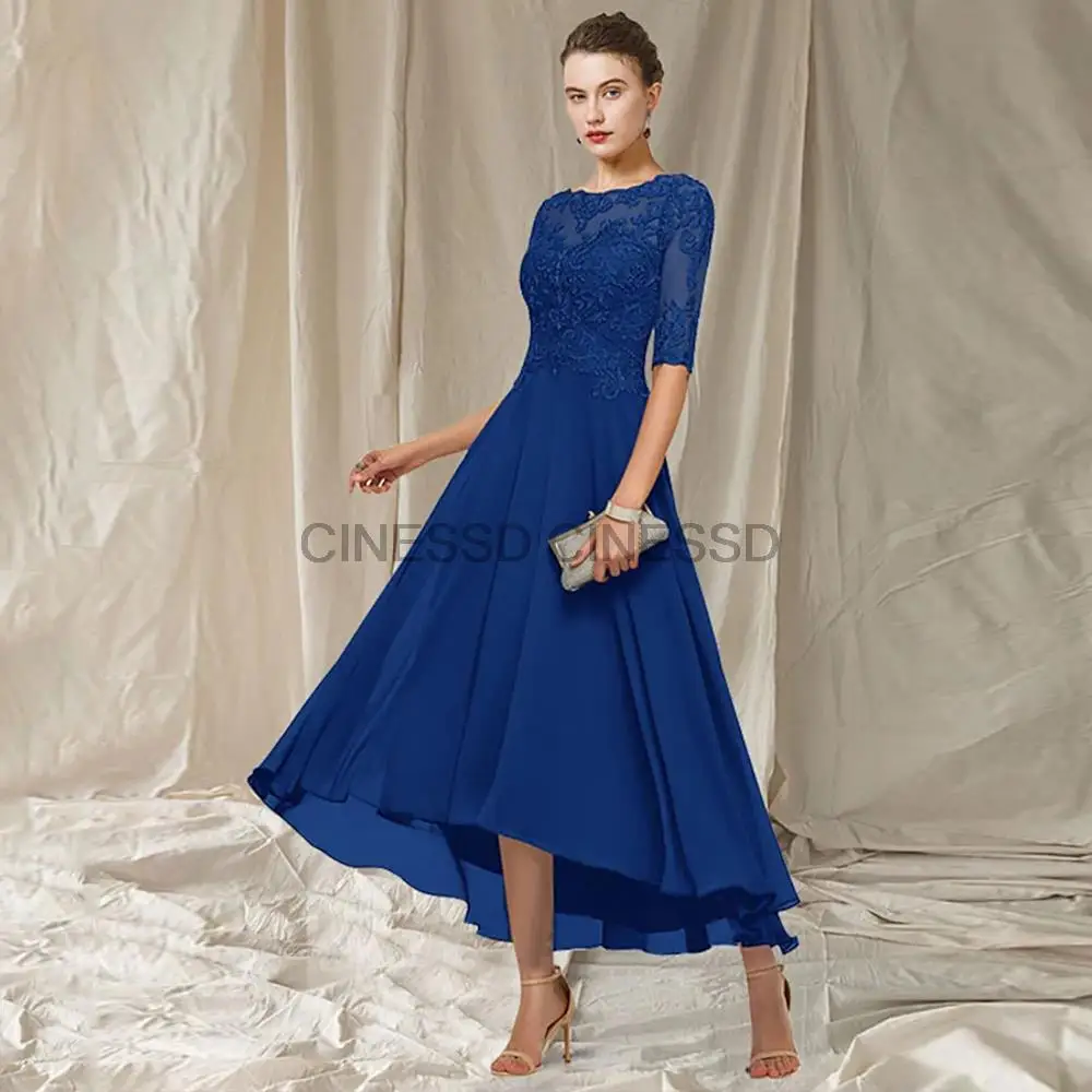 

Chiffon Summer Mother Of The Bride Dresses For Woman Half Sleeves Tea Length Wedding Guest Gown Scoop Neck Vestido Novia