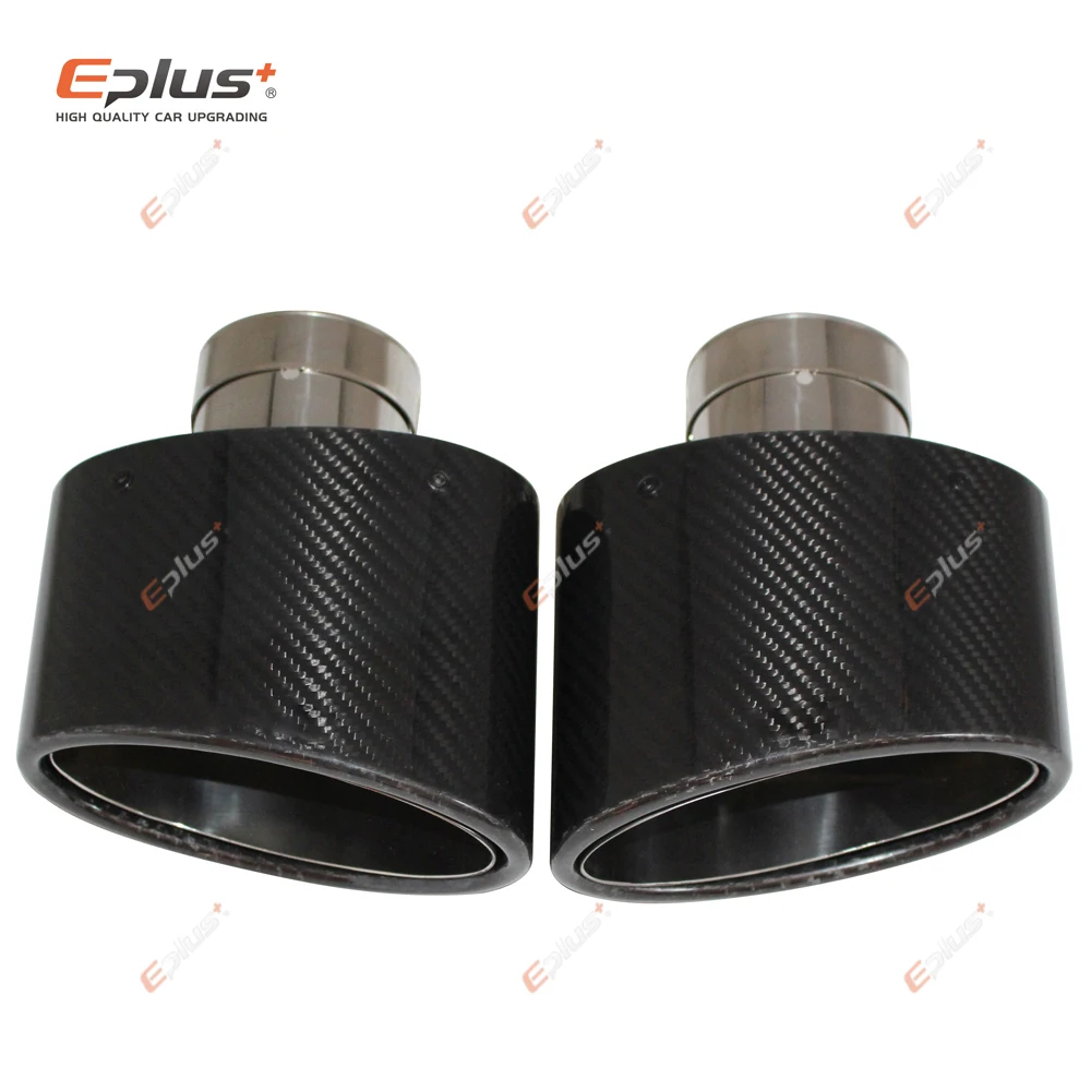 Universal Car Glossy Carbon Fiber Exhaust Muffler Tip Nozzle Decoration Stainless Silver Oval 150mm Tilting Left Right