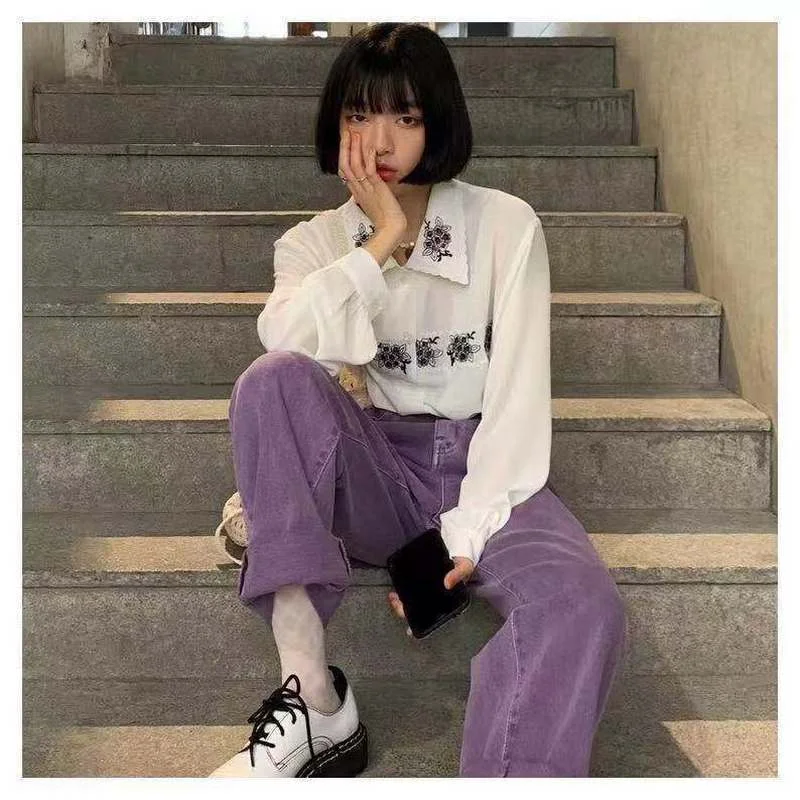 2022 New Purple Fashion Y2K Casual Autumn Korean Jogger Tight-fitting Corduroy Straight Trousers Ladies Pocket High-waist Pants