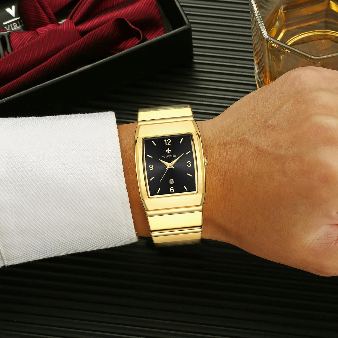 WWOOR Watches For Men 2024 Luxury Square Gold Quartz Clock Stainless Steel Waterproof Man's Wristwatch Date Business Male Watch