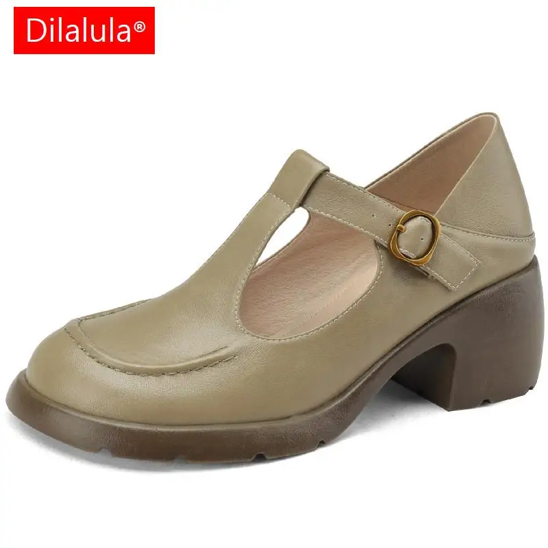

Dilalula Spring Summer Women Pumps Round Toe Thick Heels Platforms Quality Genuine Leather T-Strap Shoes Woman Retro Concise