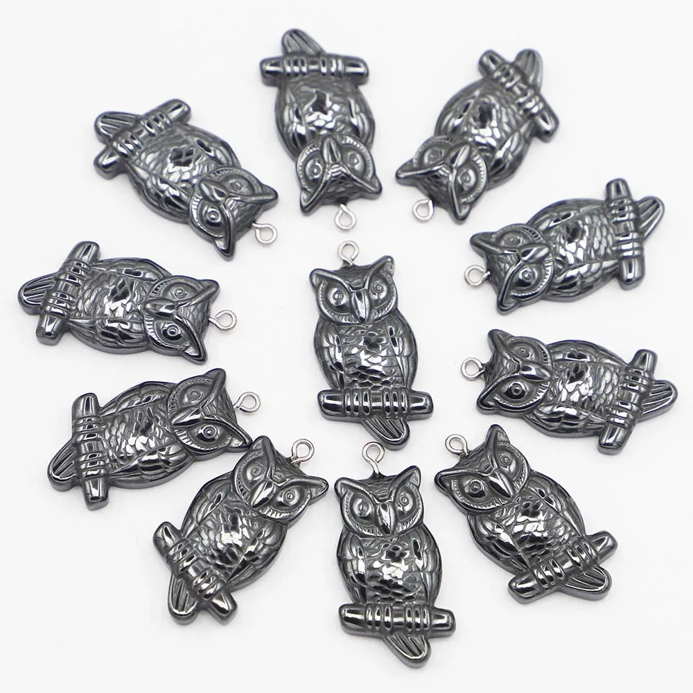 Nature Stone Hematite Bone Owl Pendant Hip Hop Punk Bead Fashion Charm Metal Necklace Making Jewelry Accessories Wholesale 20Pcs