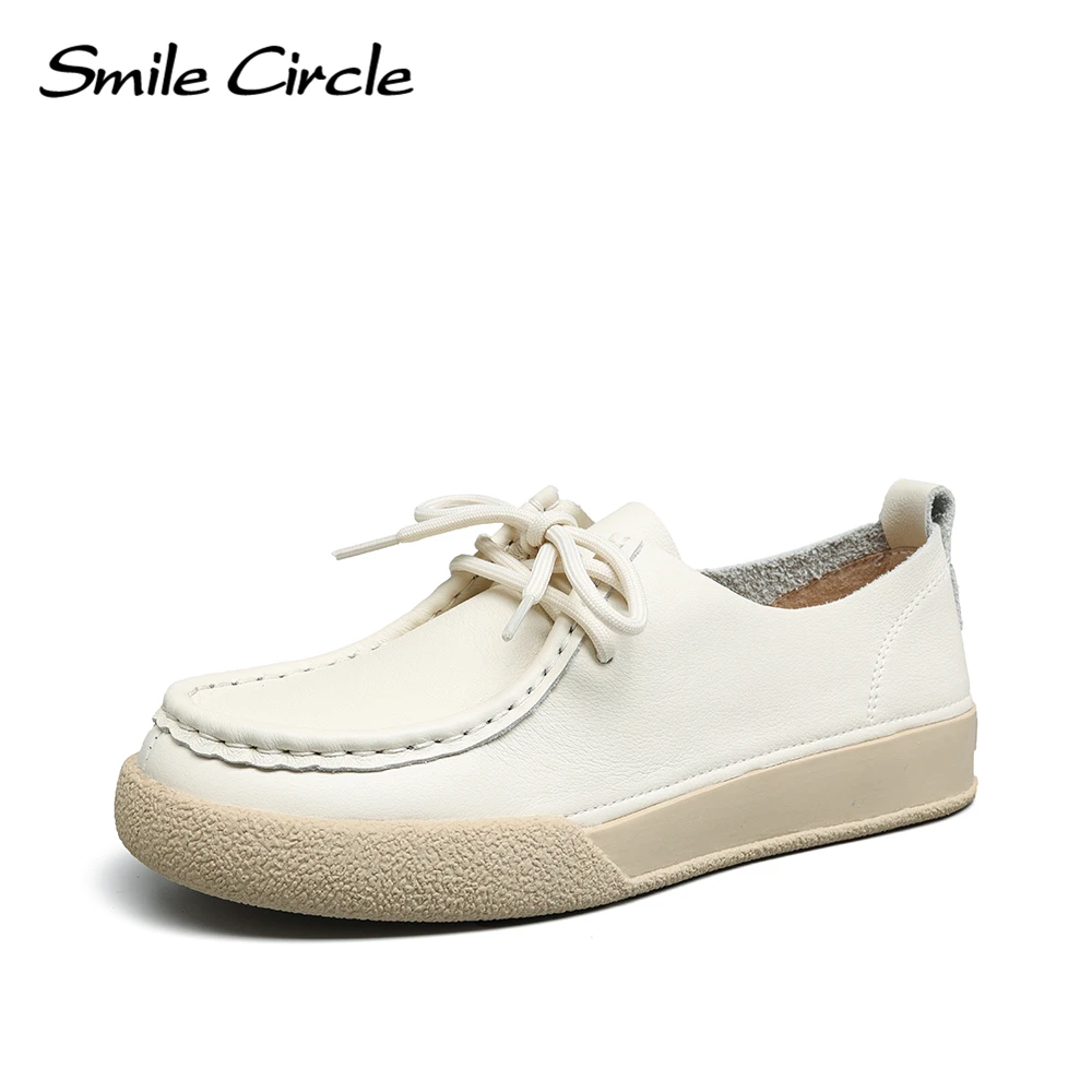 

Smile Circle Genuine Leather Women's Loafers Round Toe Lace Up Flat Shoes Fashion Versatile Casual Ladies Shoes
