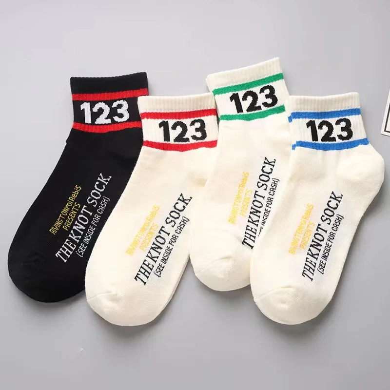 

4Pairs Daily Set Adult Cotton Funny Short Ankle 123 Knot American Vintage Socks Street Fashion Sox Number Letter Stripe Streak