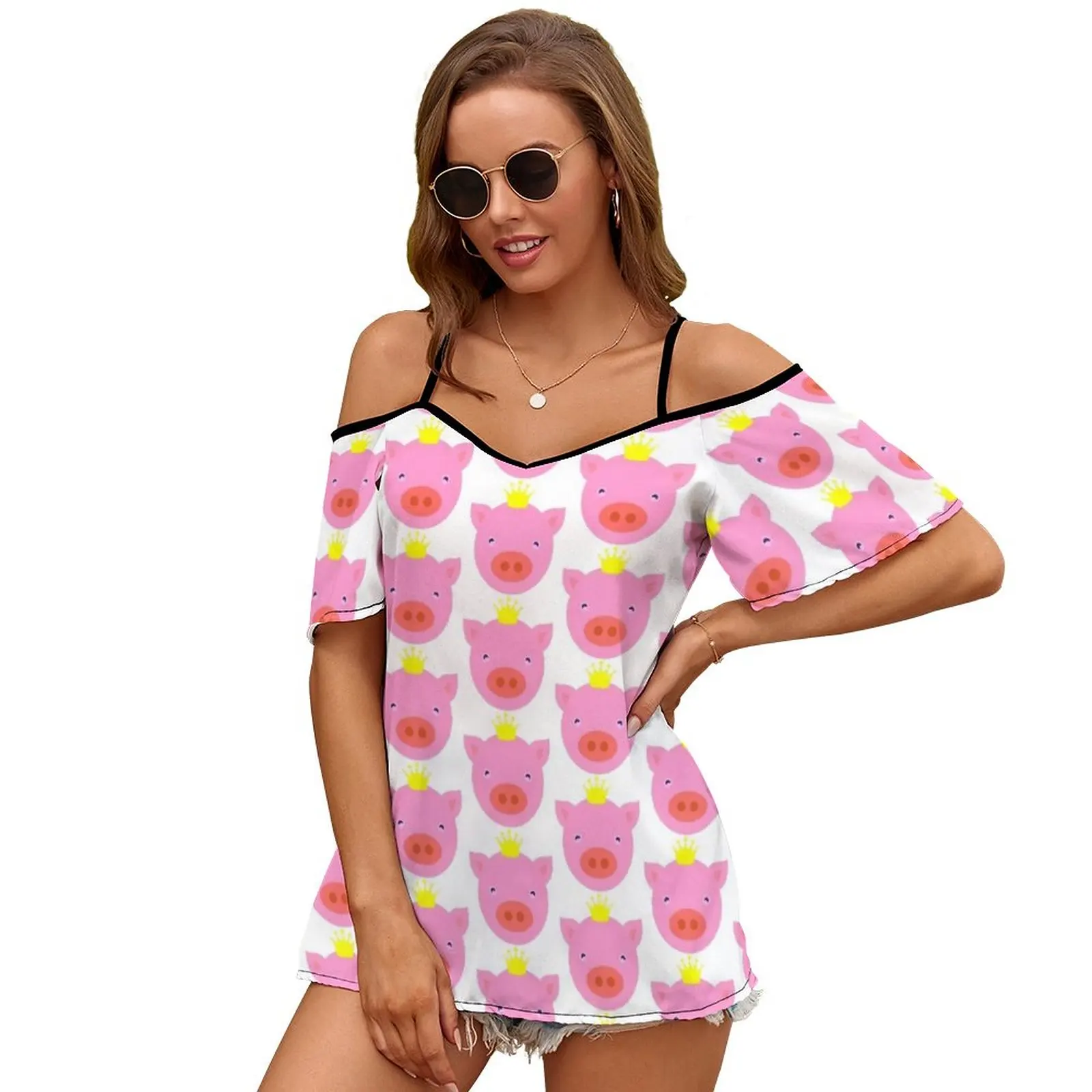 Maiale Maiale Maiale Maiale Sexy E Club Moda Femminile T-Shirt Manica Corta Spalle Scoperte Lady T Shirt Principe Maiale Corona Re Rosa Rosa