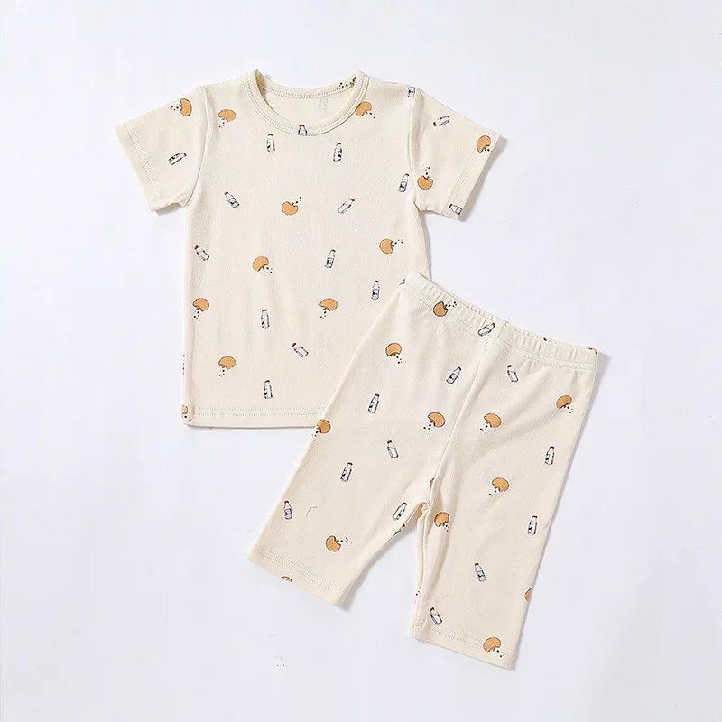 New Summer Clothes Boy Girl Pajamas Cute Print O-neck Short Sleeve T-shirt+Knee Length Pants Newborn Home Wear Nightgown E23072