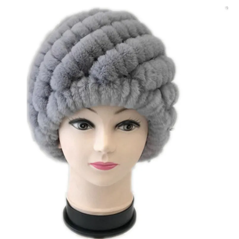 

Russian Lady Real Rex Rabbit Fur Hats for Women Knitted Outdoor New Warm Caps