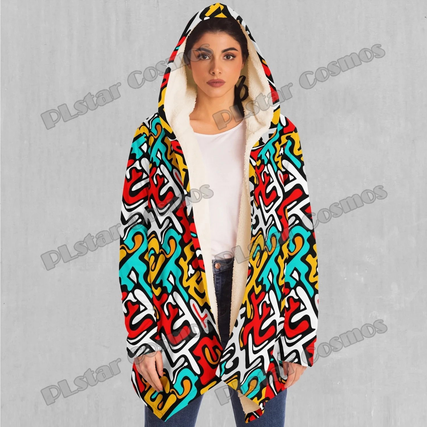 Street Graffiti And Jigsaw Pattern 3D Printed Men's Sherpa Lined Hooded Cloak Winter Unisex Casual Thick Warm Cape Coat DP79