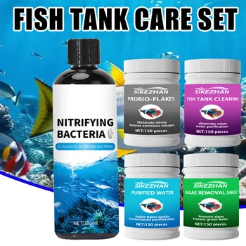 Set per il trattamento dell'acqua per acquario: compresse nitrificanti di batteri e liquidi, linguette anti-alghe, rimozione odori, compresse per decloratore