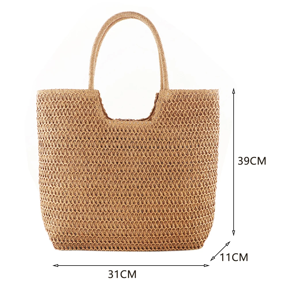 Women Vintage Shoulder Bag Large Capacity Weaving Travel Handbag Solid Color Retro Straw Handbag Ladies Summer Daily Bag