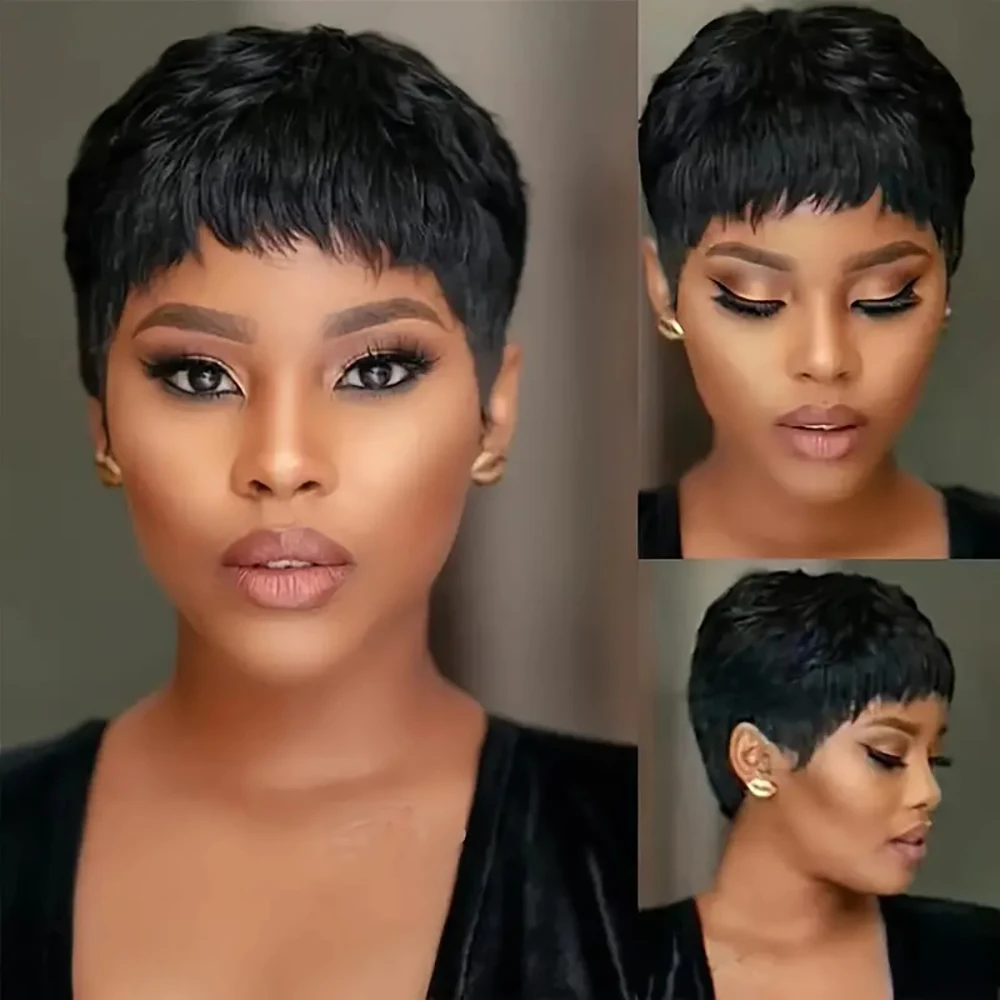 Short Straight Human Hair Wigs Brazilian Remy Hair Pixie Cut Wig Cheap Human Hair Machine Wig For Women