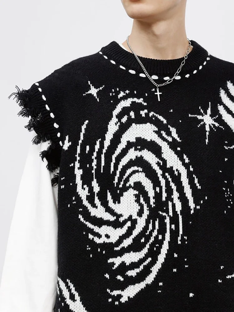 

New Y2K vest sweater vintage pleated creative stripe damaged knitted pullover vest men and women oversized loose cotton vest
