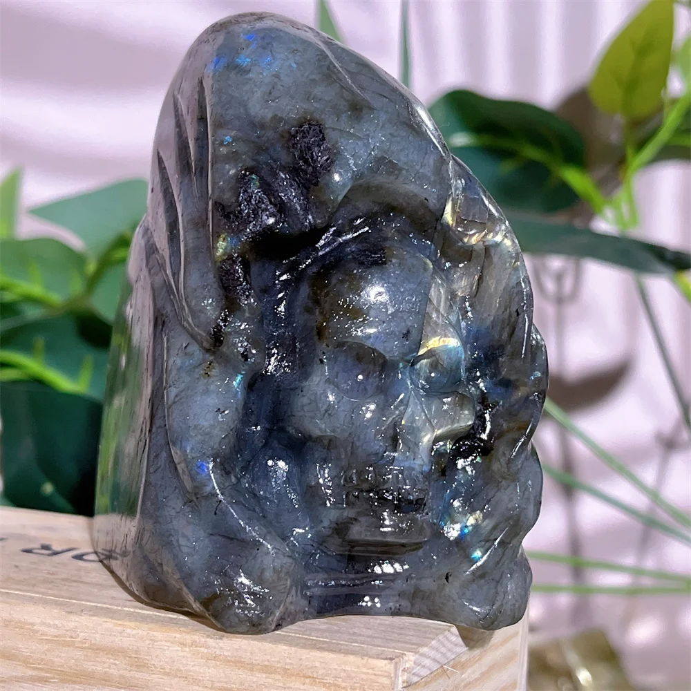 

Labradorite Skull Carving Crystal Natural Flash Handmad Carving Spiritual Minerals Feng Shui Reiki Stone Quartz Home Decoration