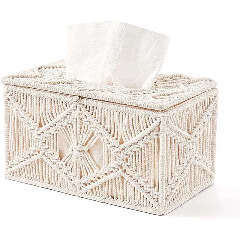 

2X Tissue Box Cover Boho Decor Rectangular Paper Tissue Holder With Bead Buckle Macrame Napkin Tissues Organizer