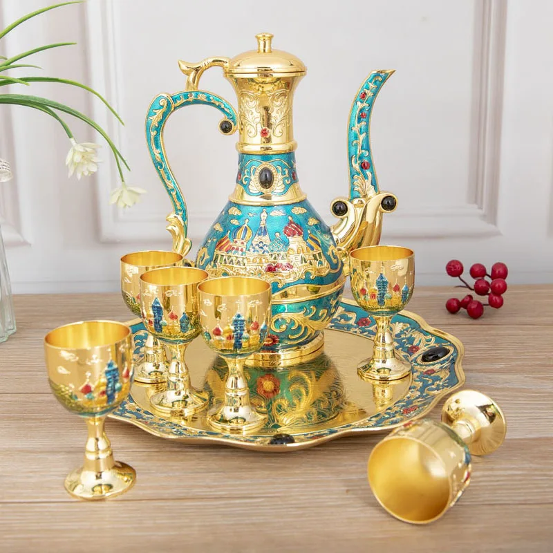 

European Style Liquor Wine Glass Wine Jug Tray Set Teapot Wine Tea Dispenser Complete Set Wine Tea Container Set with Gift Box