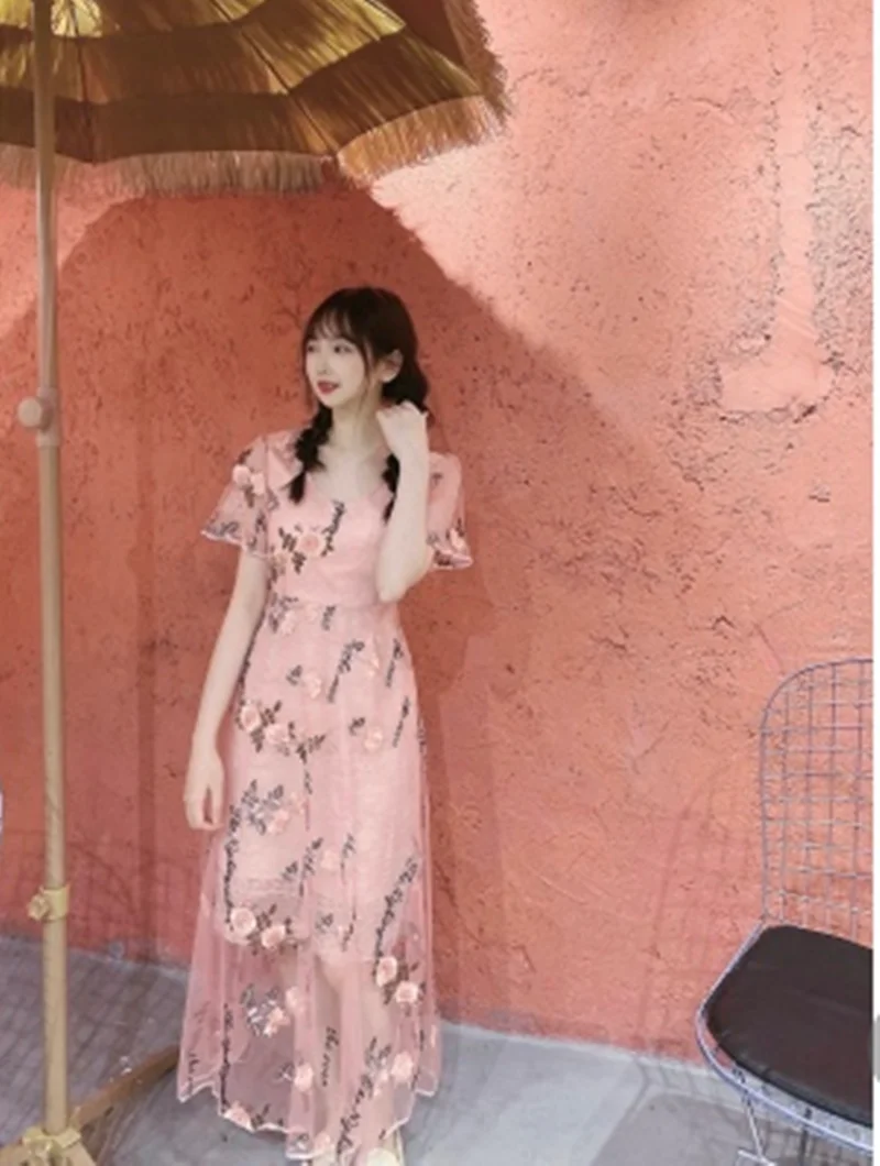 

DALMAZZO High Quality Mesh Embroidery Perspective Summer Dress For Women Casual Short Sleeve Holiday Pink Long Dress Vestidos
