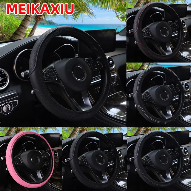 PU Leather Embossed Steering Wheel Cover 14.5-15 Inch round Rimless Design for All Seasons Men Women Cars 2