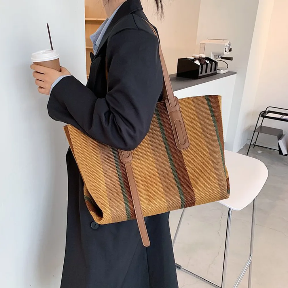 Large Capacity Canvas Tote Shoulder Bags For Women New Luxury Stripes Ladies Handbag Female Big Shopper Bag Purses Free Shipping