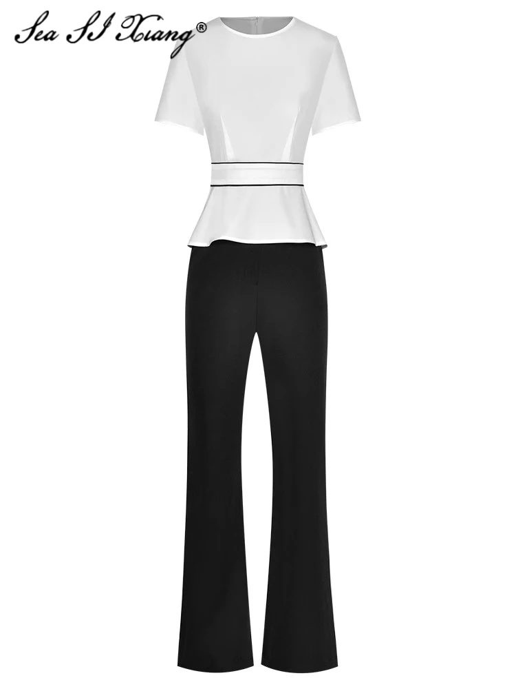 

Seasixiang Fashion Designer Summer Suit Women O-Neck Short Sleeve Tops + Pockets Black Trousers Office Lady Two Pieces Set