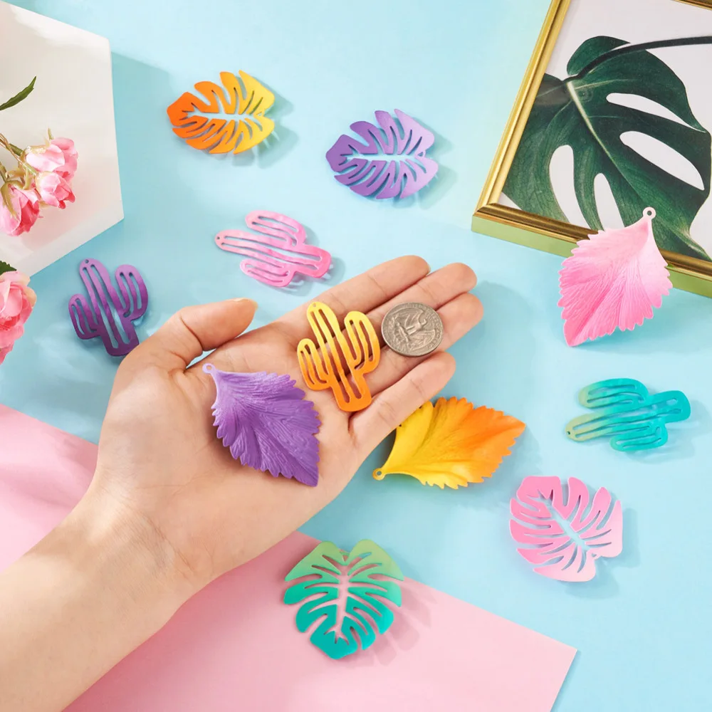 24Pcs Gradient Spray Painted Plants Pendants Colorful Iron Cactus Leaves Charms for DIY Jewelry Earrings Making Accessories