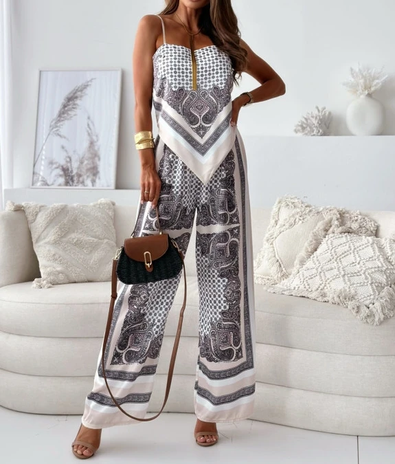

Women's Two-piece Commuting Fashion Vintage Print Chest Wrap Backless Tie Details Camisole Top and High Waist Wide Leg Pants Set