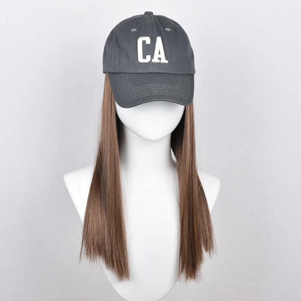 Long Wavy Synthetic Wig Baseball Rice Black Cap With Hair Extensions Hat Wigs Natural Black Connect Wig Adjustable For Women