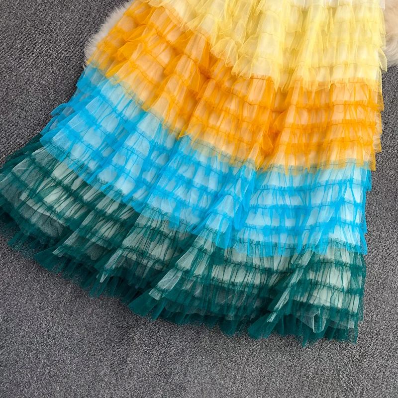 2022 Summer New Fairy Skirt Elastic Waist Rainbow Gradient Mesh Skirt High Waist Fluffy Cake Skirt Mid-length Skirt Trendy tartan skirt