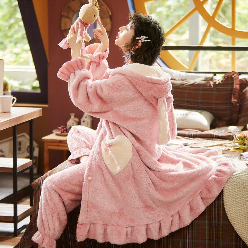 Rabbit Fluffy Pajamas Nightgown Long Robe Suit Homewear Flannel Animal Cartoon Loungewear Lingerie Full Pajamas Woman Warm