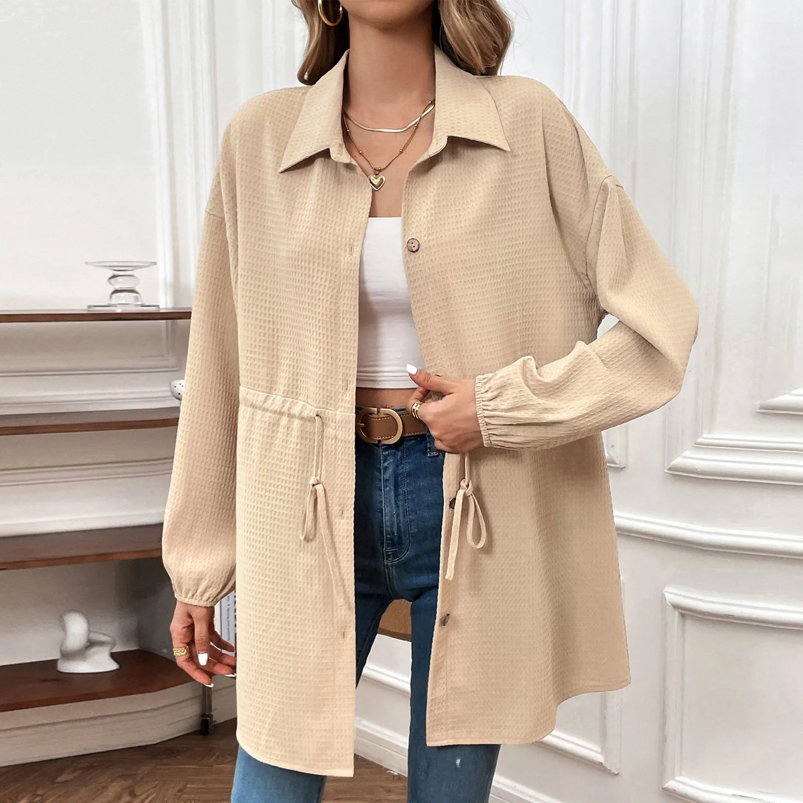 

Spring Summer 2021 Women Shirt Oversize Elegant Blouses For Women Lantern Sleeve White Shirt Mid-Length Shir Coat Women Tunic