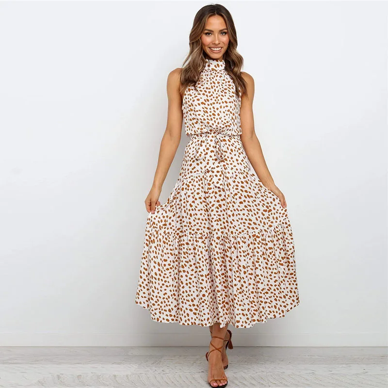 

Богемное платье без бретелек с цветочным принтом в горошек, с лямкой на шее и поясом на талии, Длинное свободное повседневное летнее праздни...