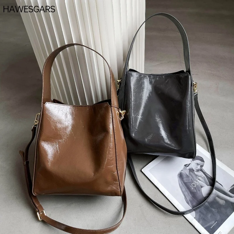 

HAWESGARS Leather Bag Head Layer Cowhide Women Bag Premium Armpit Bag Casual Shoulder Cross-body Bag Foreign Soft Leather Bucket
