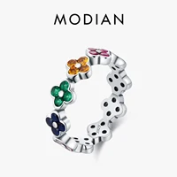 MODIAN 925 Sterling Silver Sweet Rainbow Color Zirconia Lucky Four Leaf Clover Fashion Finger Rings For Women Fine Jewelry 1