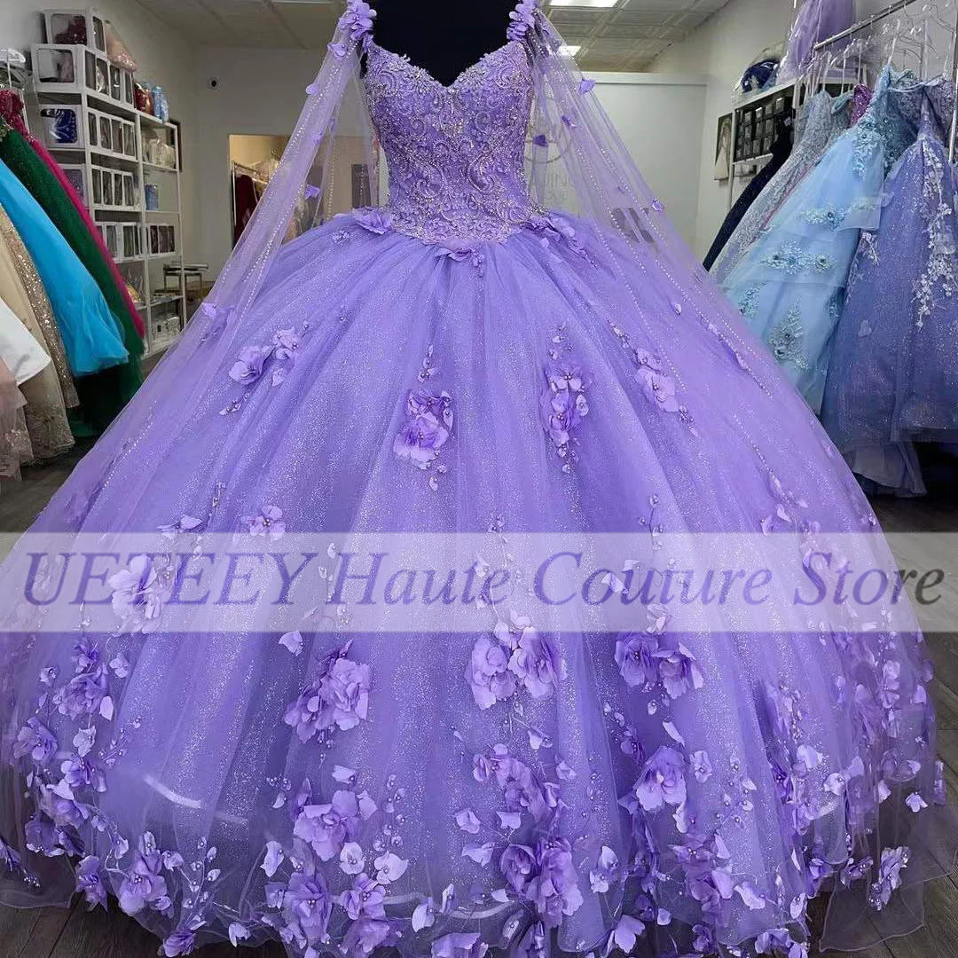 New Glitter Purple Quinceanera Dresses Spaghetti Strap With Wrap Sweet 15 Gowns 3D Flower Bead Vestidos De Quincea&ntilde;era
