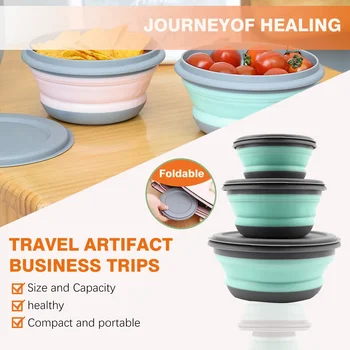 Bols pliants en Silicone avec couvercle, boîte à déjeuner pliable, ensembles de bols à salade portables 3 pièces 1