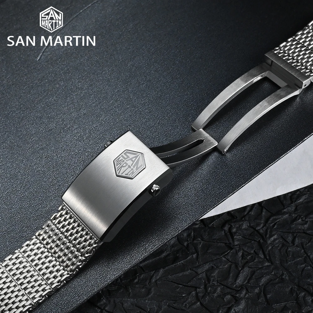 San Martin Mesh Milanese Bracelet Stainless Steel Watch Parts For 20mm Curved End Links Small Fly Adjustable Clasp For SN0054