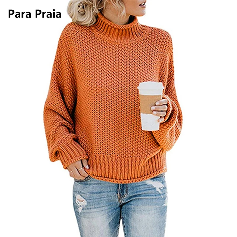 

Casual Loose Knitted Sweater Women Pullover Autumn Winter Half High Collar Lantern Sleeve Soft Warm Sweaters Jumper