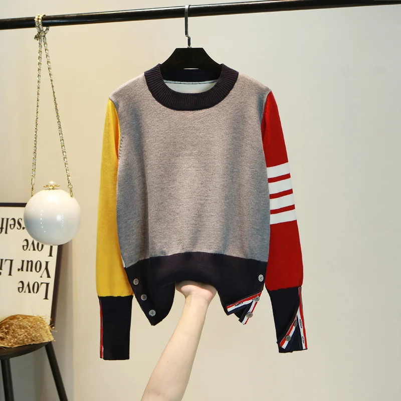 

Very fairy sweater loose round neck color-block pullover TB knitted bottoming shirt foreign style top women's tide