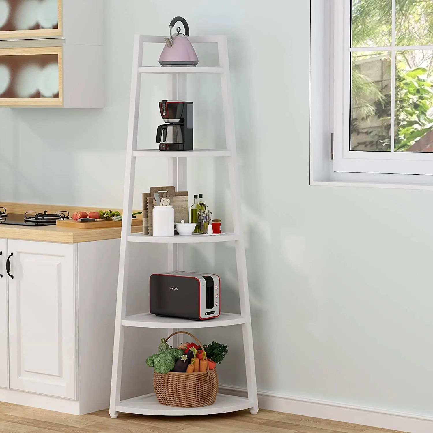 5 Tier Corner Bookshelf and Bookcase, 70 inch Tall Corner Shelves Standing Shelving Unit Indoor Plant Stand