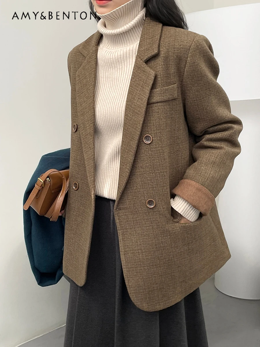 

Retro Casual Suit Jacket for Women Autumn Winter Thicken Temperament Commute Lapel Fashion Business Wool Coat Coat Loose Jakct