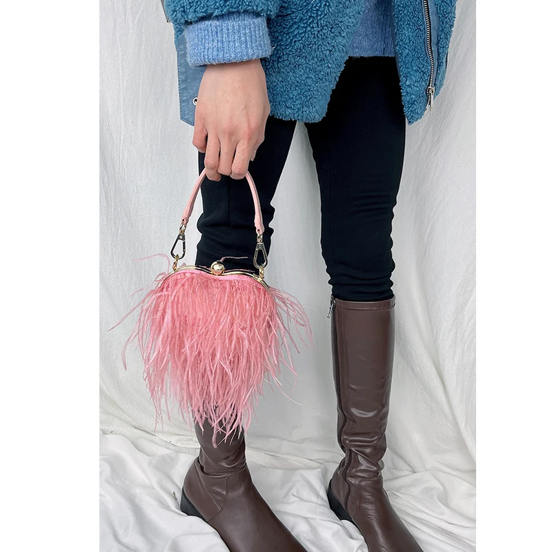 Ostrich Feather Heart Shaped Party Clutch Evening Bag for Women Luxury Banquet Bag Female Purses and Handbags Chain Shoulder Bag