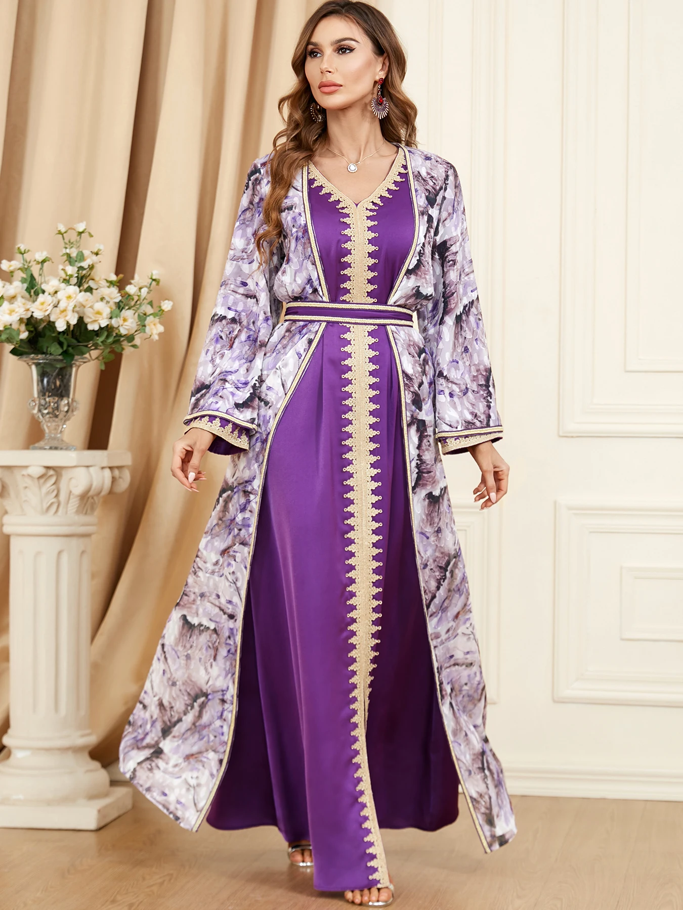 Autumn Muslim Abaya for Women 2 Piece Dress Set Maxi Aline Party