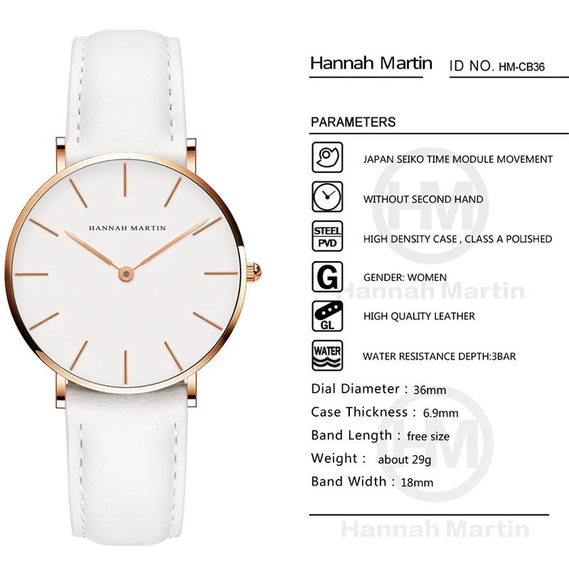 Hannah Martin Brand Japan Quartz Movement Women Fashion Watch Leather Strap Lady Wristwatches Waterproof Clock relogio feminino 4