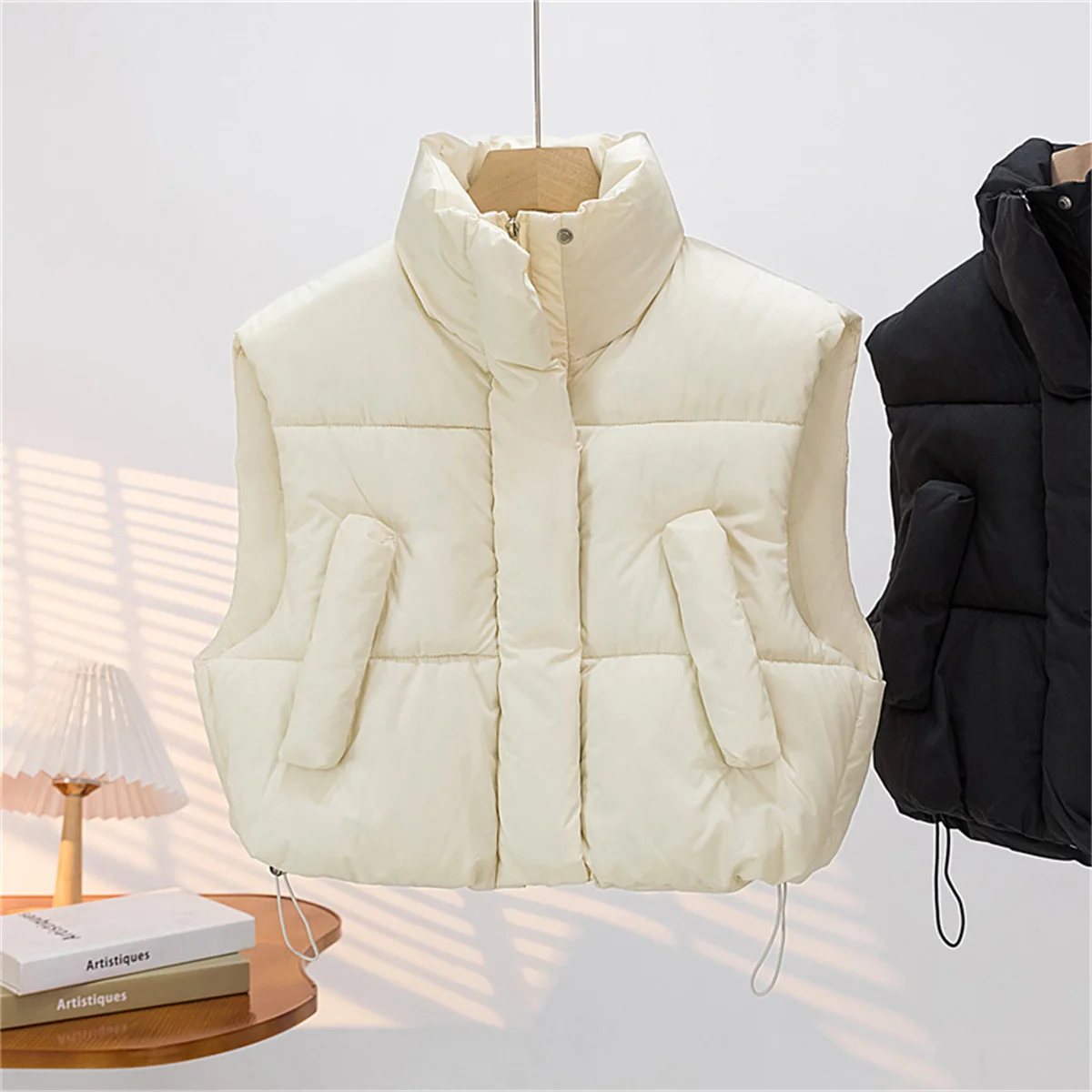 Autumn Winter Women's Short Cotton Down Vest Short Stand-up Collar Warm Sleeveless Quilted Vest Outdoor Jacket Tops Outwear