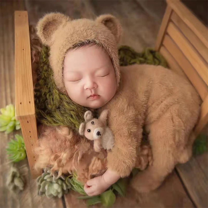 Barboteuse en fourrure d'ours pour bébé, combinaison à pieds, chapeau, cheveux de vison, vêtements de photographie pour bébé garçon et fille, olympiques, accessoires photo, ensemble de 2 pièces