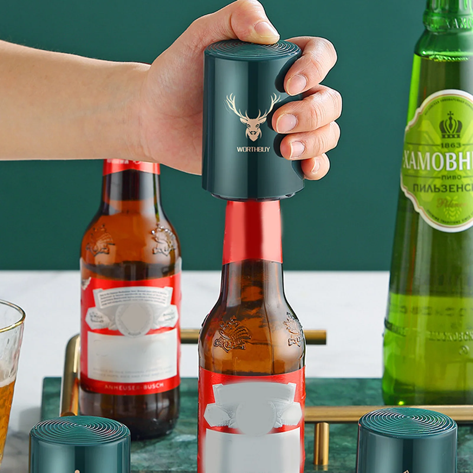 

Creative Magnetic Automatic Beer Bottle Opener Kitchen Stainless Steel Press Lid Beer Corkscrew Tools Portable Bar Gadgets