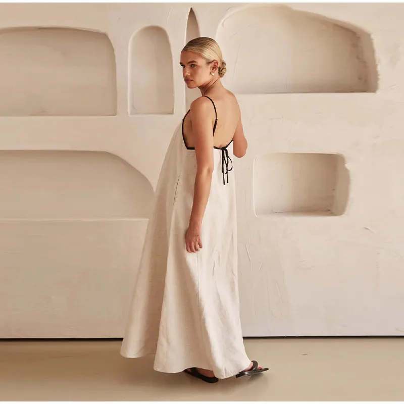 Solid Cotton Linen Sling Dress Women 2025 Summer Sexy Backless Sleeveless Slip Long Dresses Lady Elegant Loose Chic Maxi Dress
